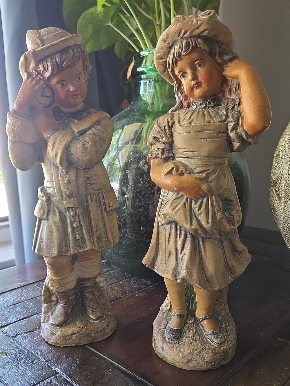 Vintage-Style Ceramic Boy and Girl Figurine Pair in Beige